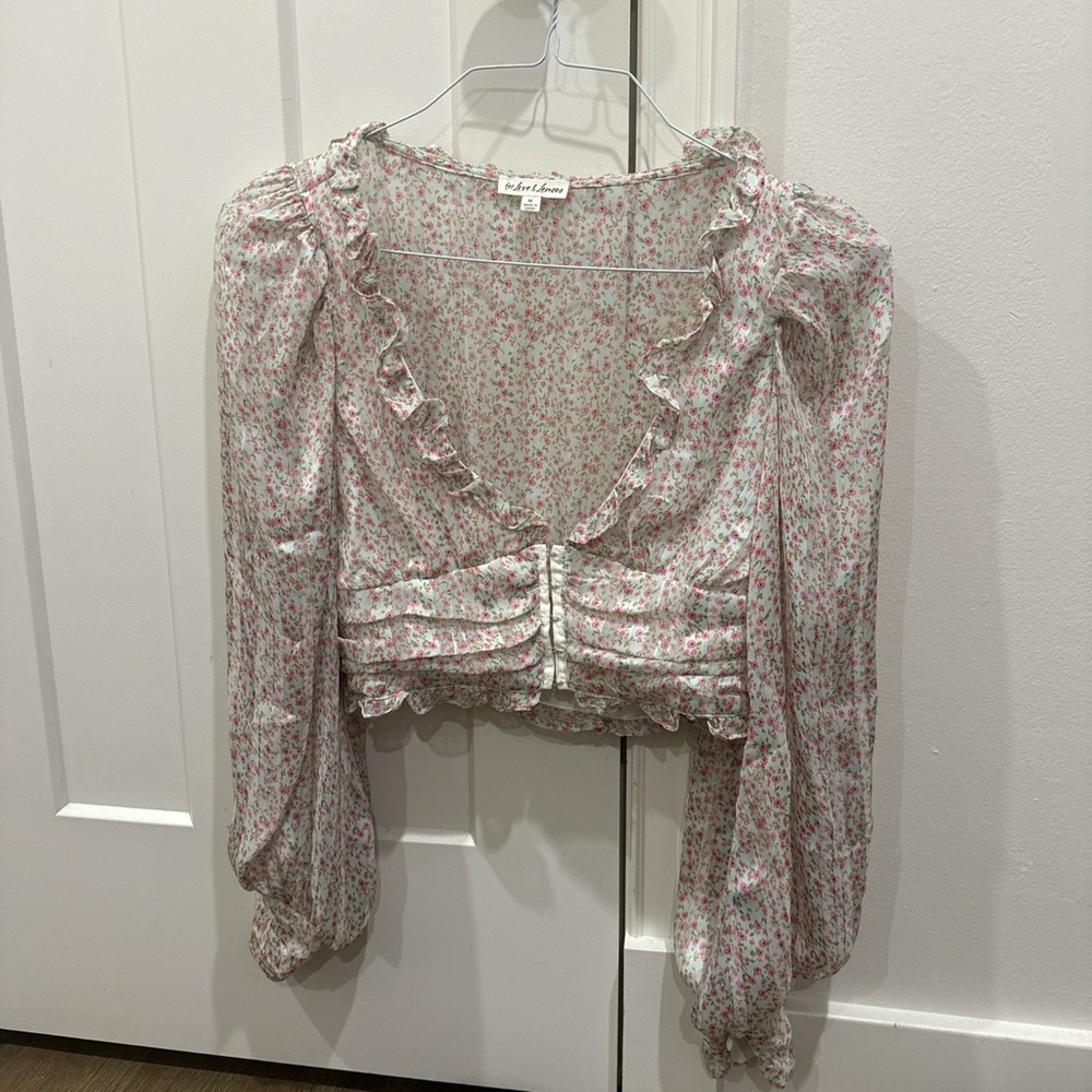For Love And Lemons Pink Puff Sleeve Crop Blouse
